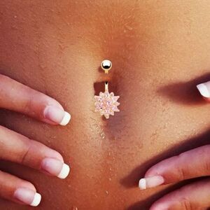 Gold plated stainless steel pink flower belly ring